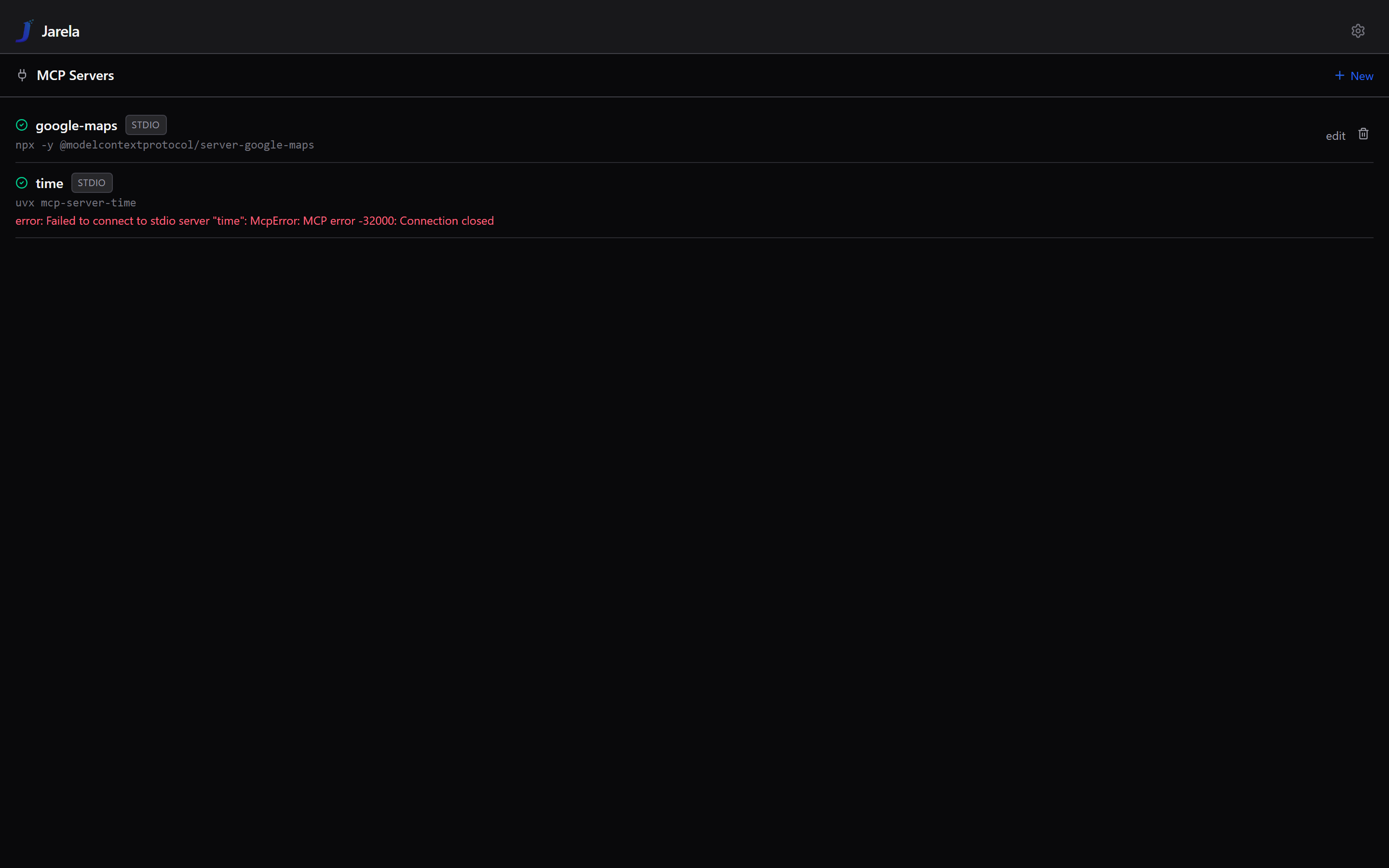 MCP panel showing google-maps connected and time failing